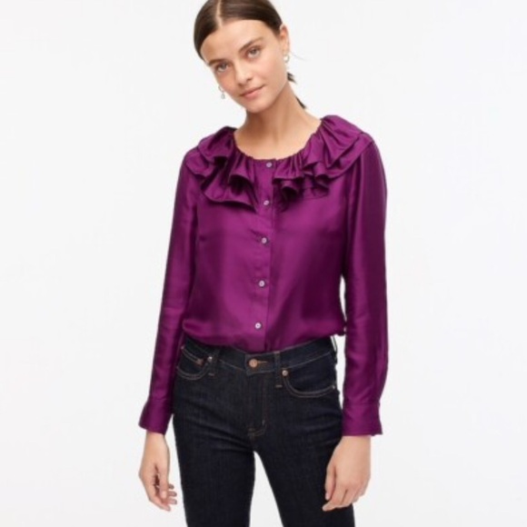 J. Crew Tops - J. Crew Collection Silk Purple Blouse with Ruffle Neckline